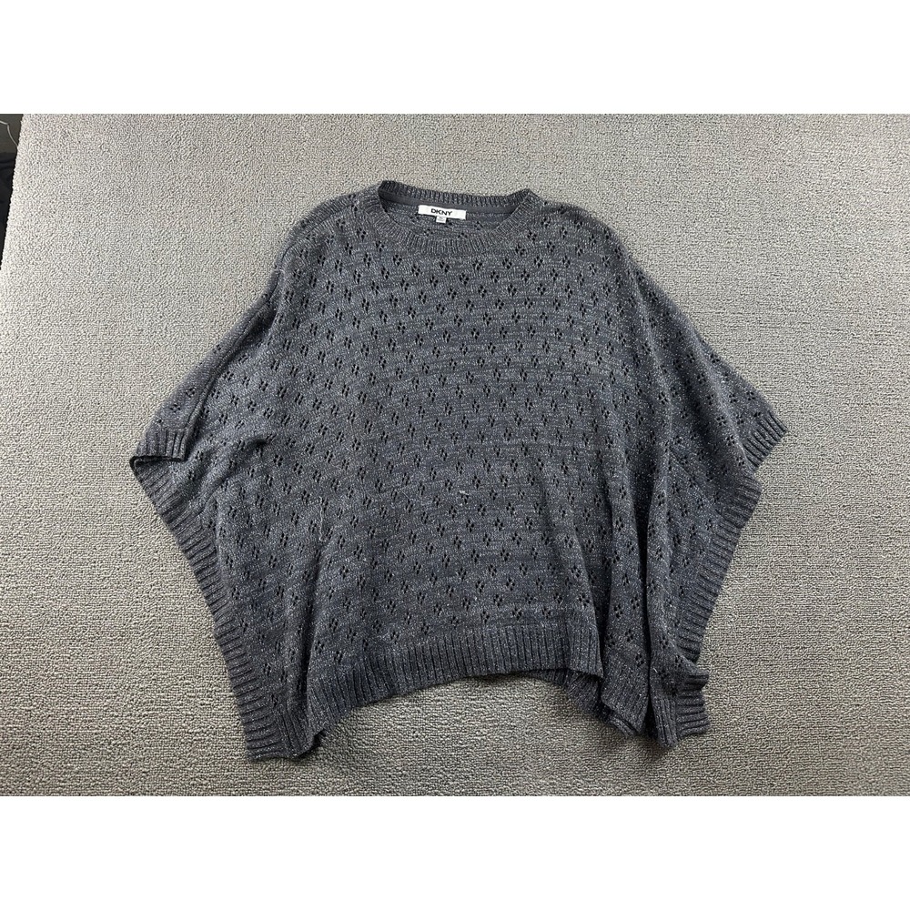 DKNY Short Sleeve Poncho Sweater Women XL Gray Oversized Open-Knit Cocktail Boho